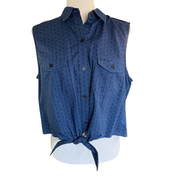 Vtg 80s 90s Lauren Ralph Lauren Top Women's Button Up Sleeveless Blue 16 Preppy - Picture 1 of 8